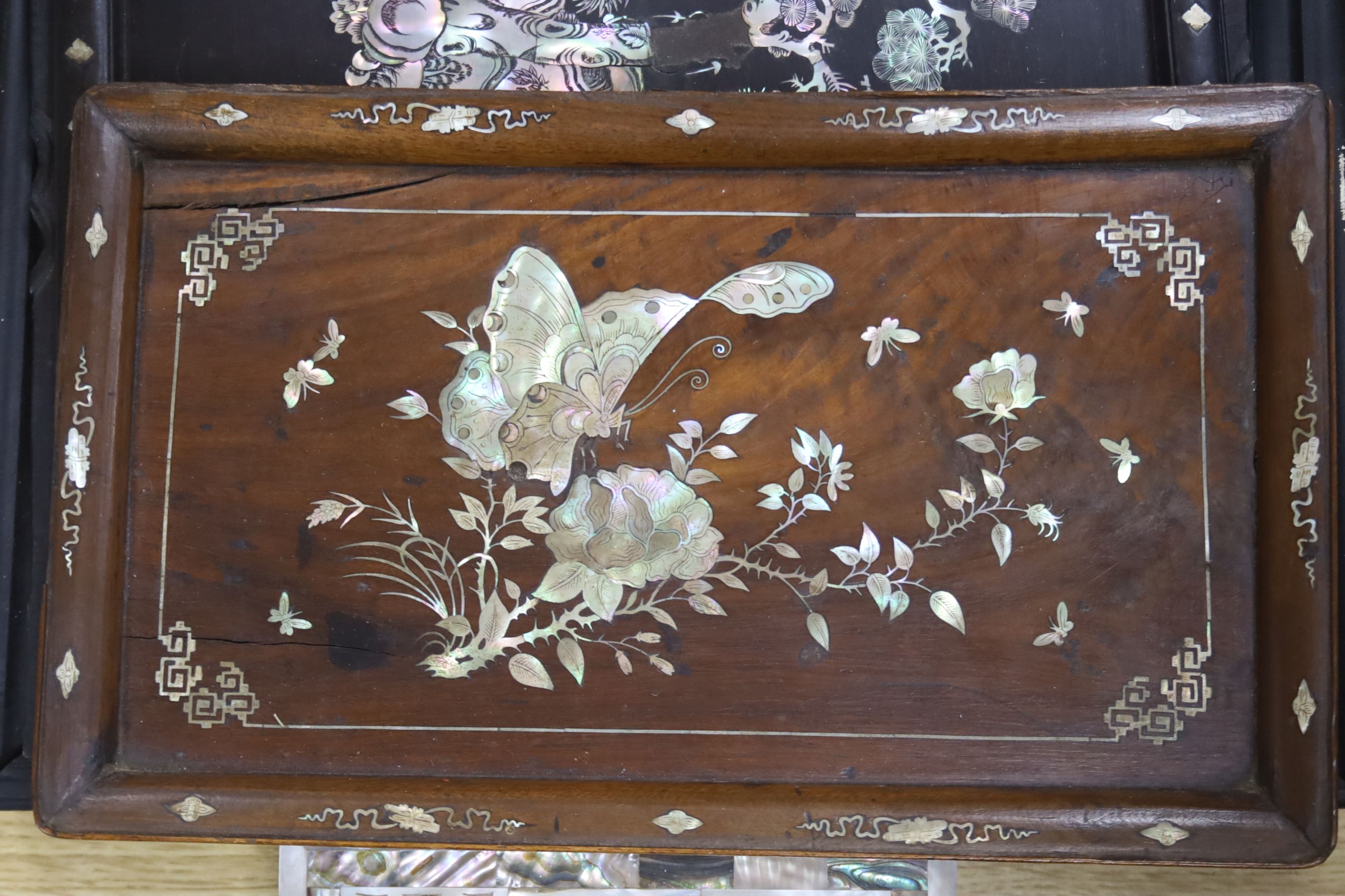 Three Chinese / Japanese mother of pearl inlaid trays together with a mother of pearl and abalone box